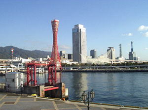 青空を背景にして、中心に白い高い建物ホテルオークラがあり、その手前には赤いポートタワーがそびえています。さらにその手前には海があり、対岸から撮影しています